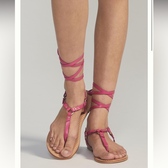 New🌟Anthropologie Pilcro Harness Tie Up Sandals Gladiator Leather-Medium Pink - Picture 3 of 5